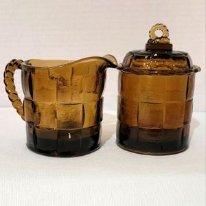 Viking Glass Ashley Basketweave Country Craft Brown Creamer&Sugar Bowl w/Lid Set